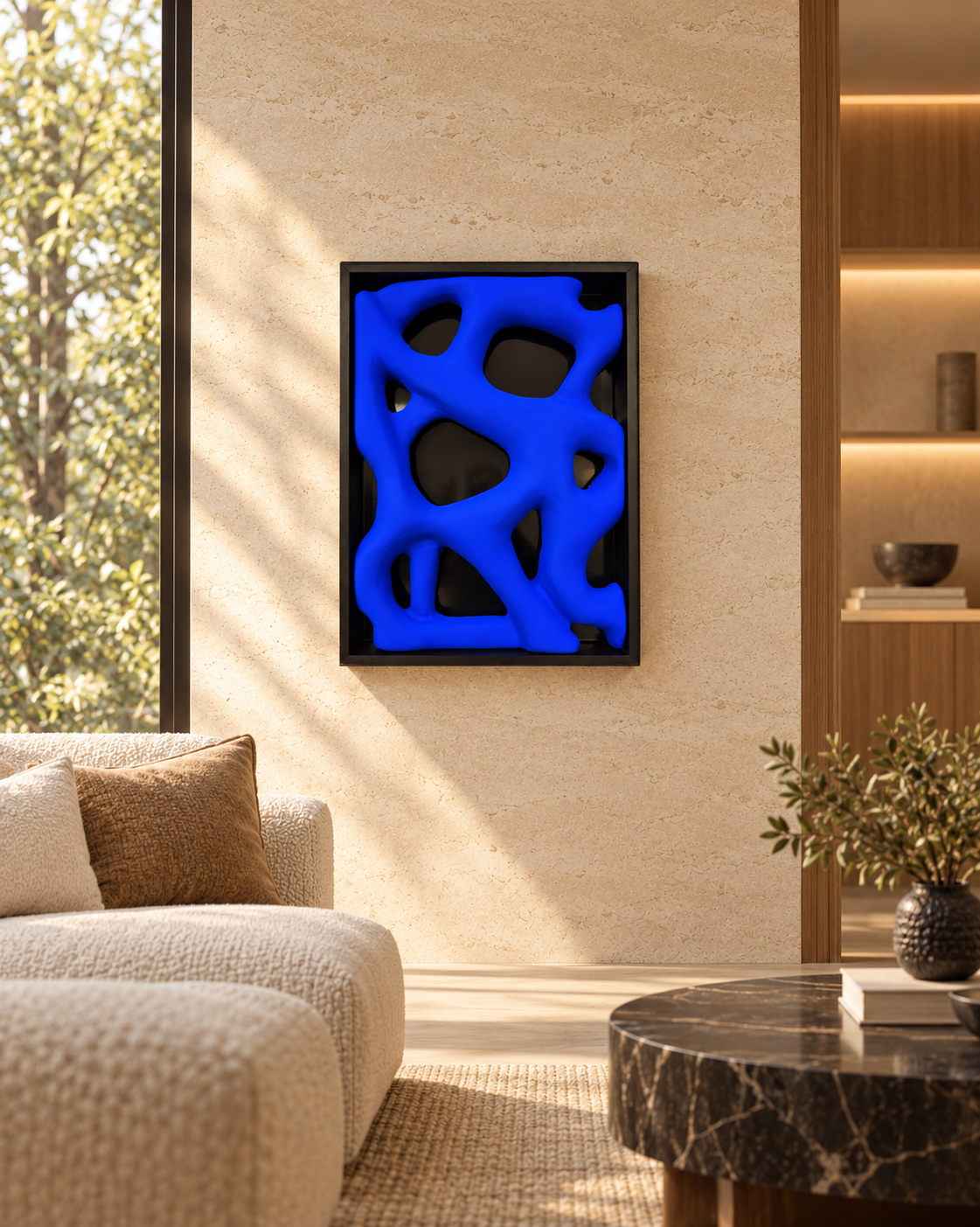 Yves Klein blue organic abstract wall sculpture with open spaces, displayed in a black shadowbox frame, 50 × 70 cm.