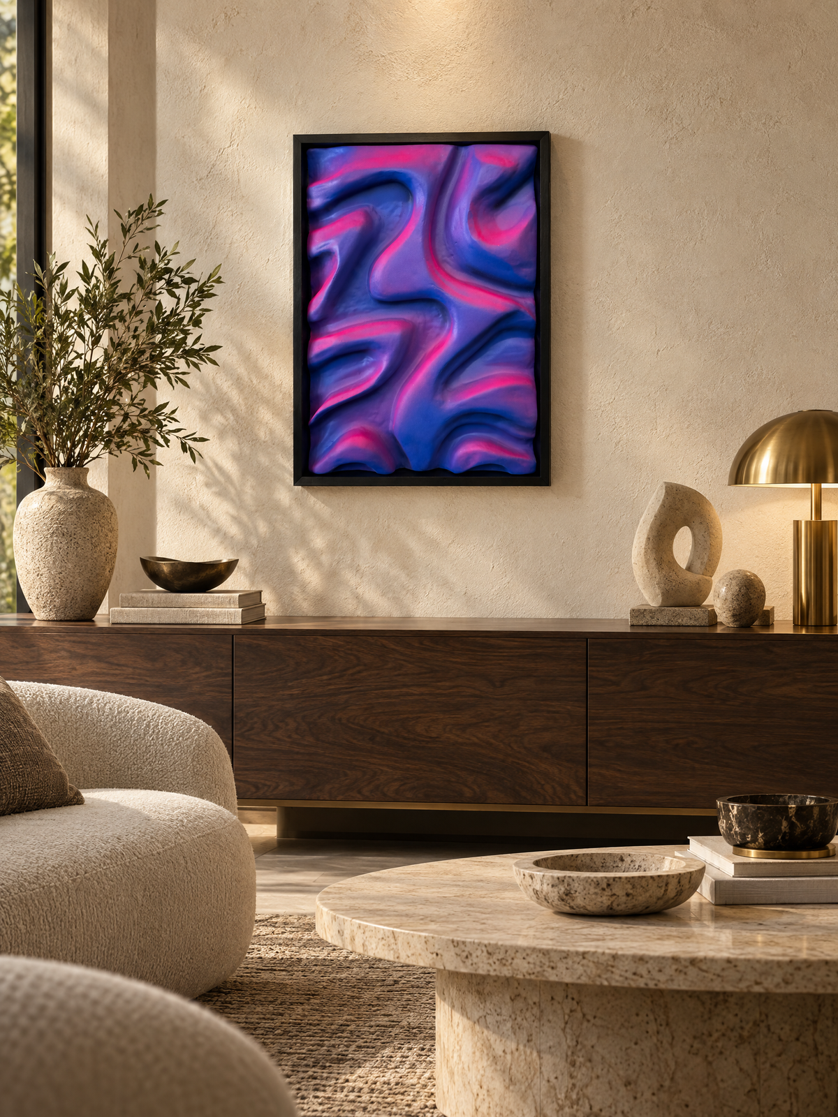 Abstract contemporary luxury artwork featuring rich textured layers, organic flowing forms and a sophisticated modern color palette, designed as a statement piece for luxury interiors and modern home decor. Original textured wall art by Dutch contemporary artist Djarno van der Hoff.