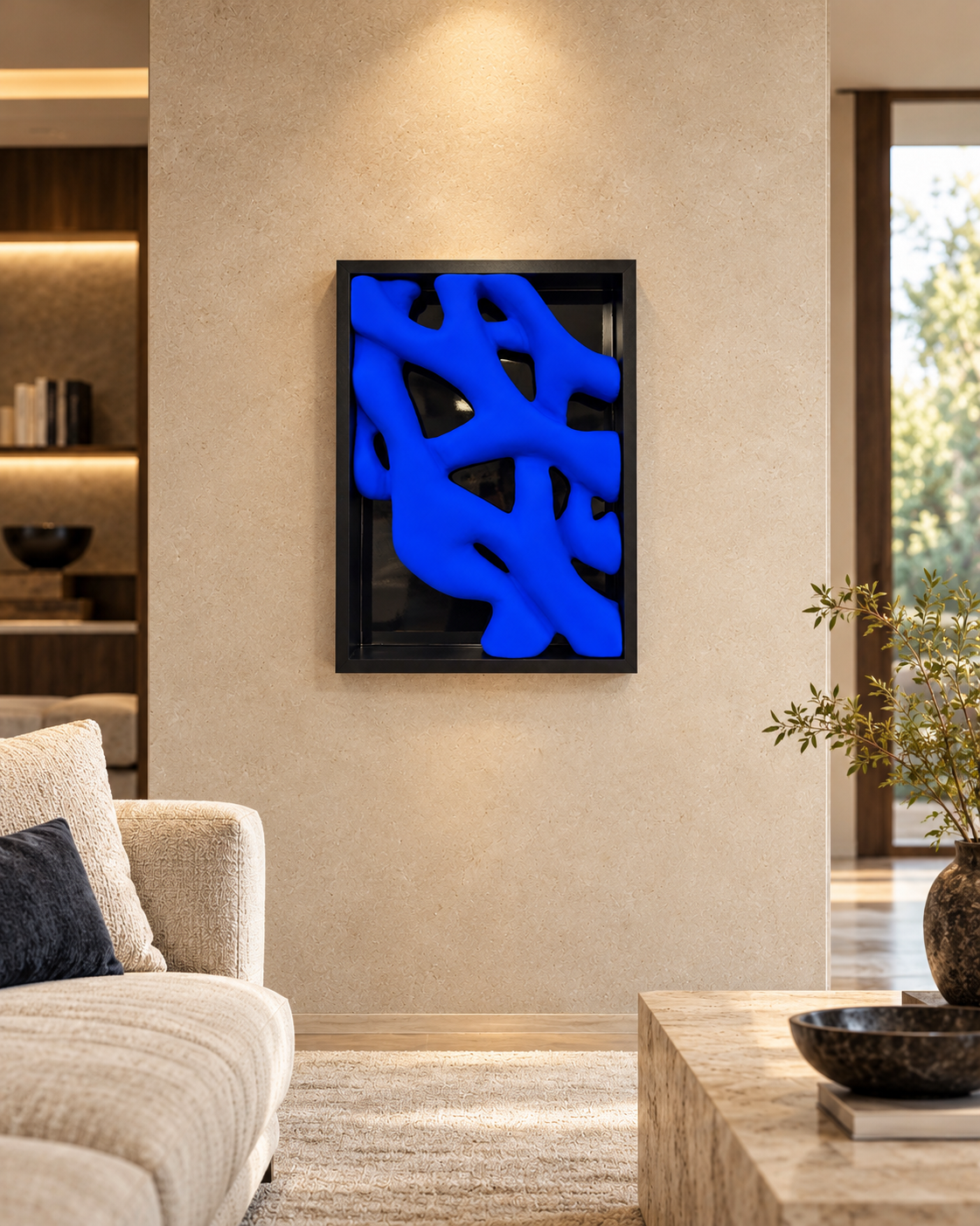 Yves Klein blue abstract sculptural wall artwork with intersecting organic forms in a black shadowbox frame, 50 × 70 cm.